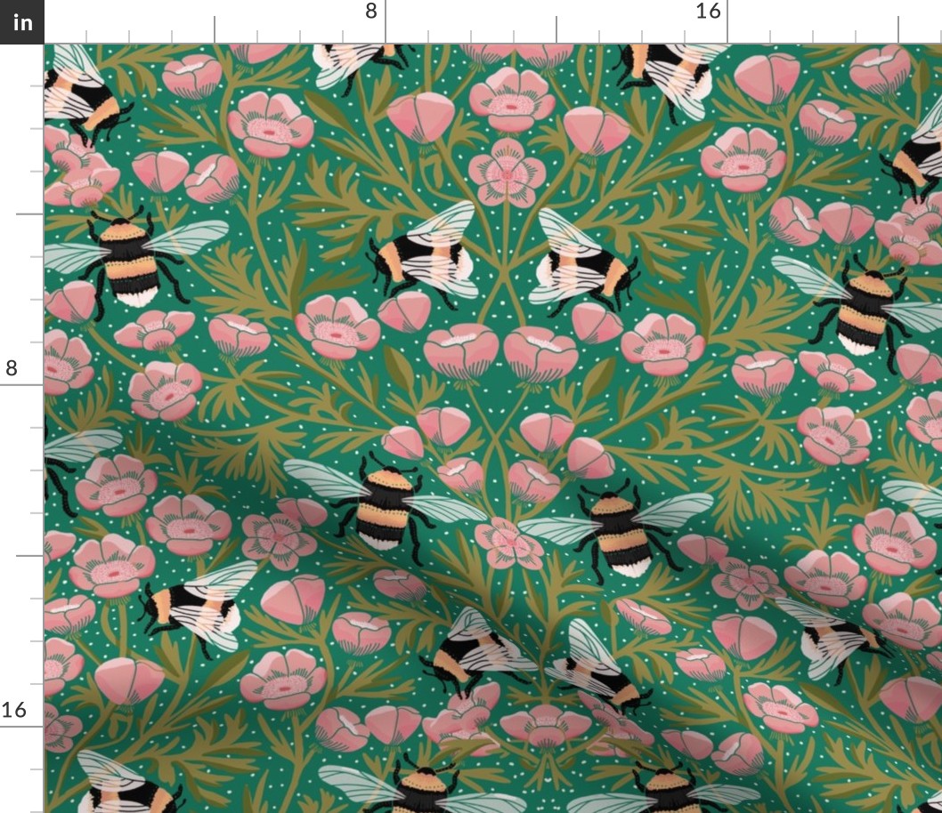 JUMBO Buttercups and Bees Floral Wallpaper - nature garden design pink and green