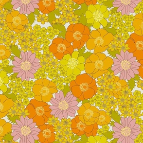 medium  - Build me up buttercup - pink yellow and orange - retro 70s floral fabric with buttercups wood anemones and anemone coronaria flowers