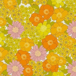 small - Build me up buttercup  - pink yellow and orange - retro 60s 70s floral fabric with buttercups wood anemones and anemone coronaria flowers