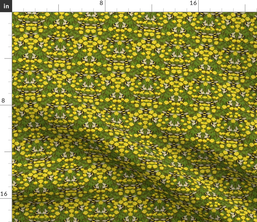 MINI Buttercups and Bees Floral Wallpaper - nature garden design olive yellow 6in