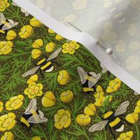 SMALL Buttercups and Bees Floral Wallpaper - nature garden design olive yellow 8in