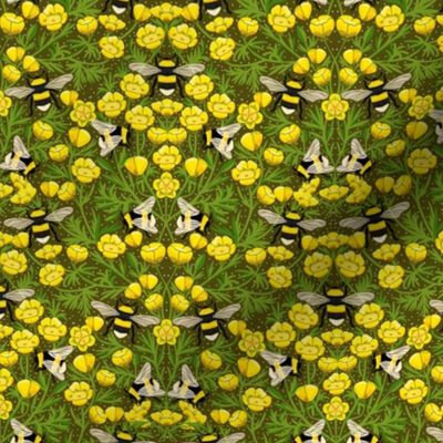 SMALL Buttercups and Bees Floral Wallpaper - nature garden design olive yellow 8in
