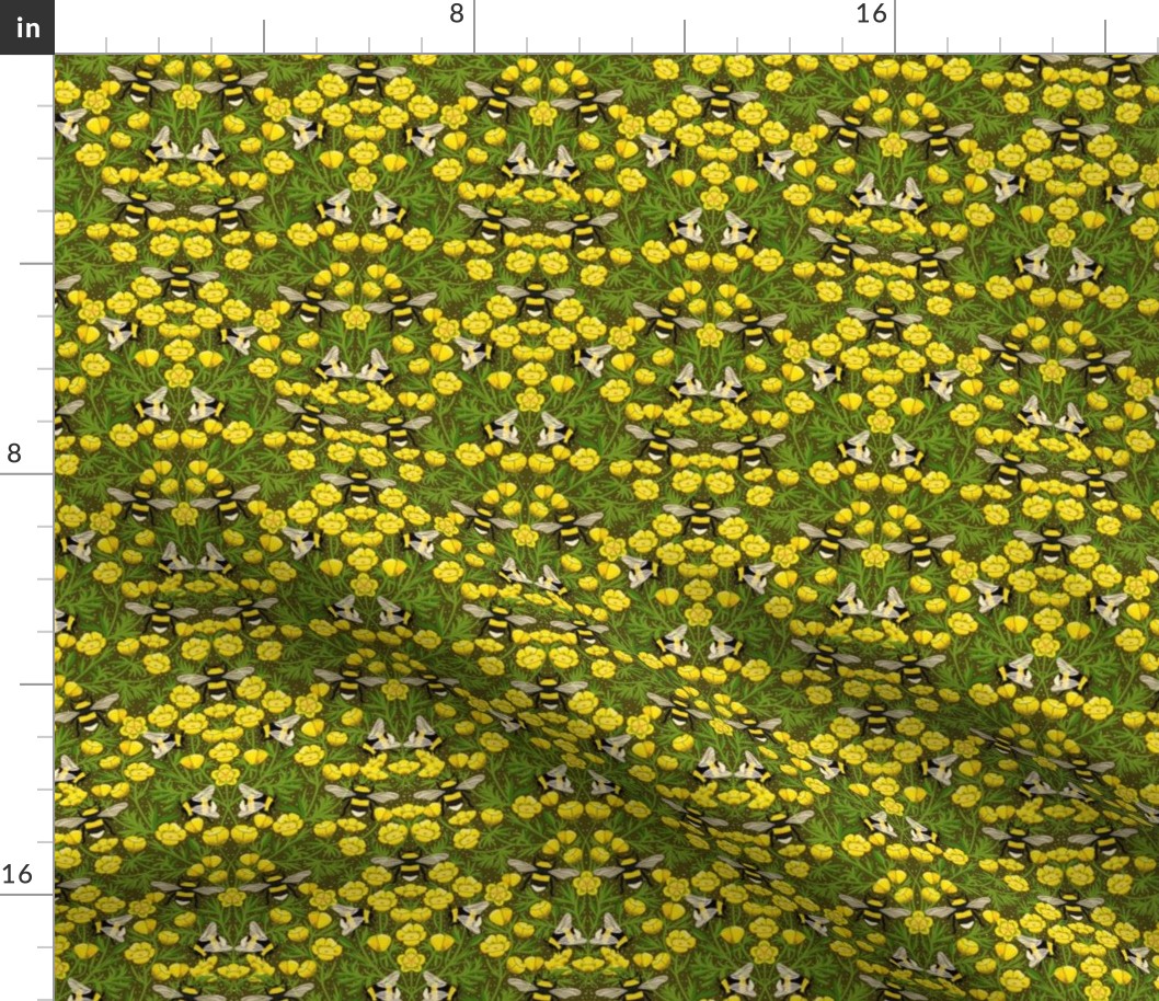 SMALL Buttercups and Bees Floral Wallpaper - nature garden design olive yellow 8in