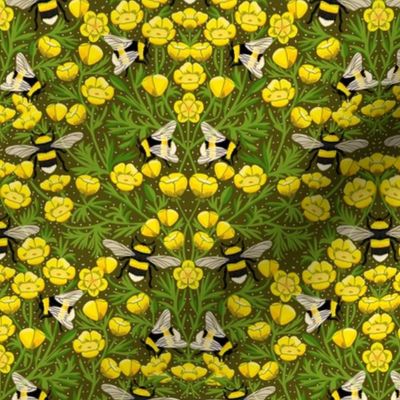 MEDIUM Buttercups and Bees Floral Wallpaper - nature garden design olive yellow 10in