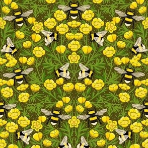 MEDIUM Buttercups and Bees Floral Wallpaper - nature garden design olive yellow 10in