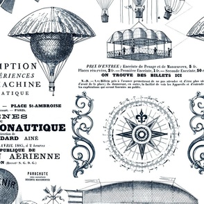 Aeronautique Vintage Expedition Steampunk Pattern With Hot Air Balloons, Typography And Ephemera Navy White Large Scale