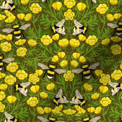 LARGE Buttercups and Bees Floral Wallpaper - nature garden design olive yellow 12in