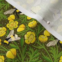 LARGE Buttercups and Bees Floral Wallpaper - nature garden design olive yellow 12in