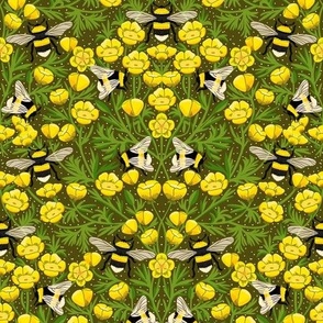 LARGE Buttercups and Bees Floral Wallpaper - nature garden design olive yellow 12in