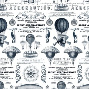 Aeronautique Vintage Expedition Steampunk Pattern With Hot Air Balloons, Typography And Ephemera Navy White Medium Scale