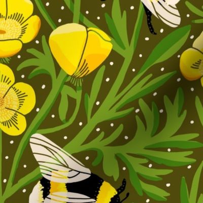 JUMBO Buttercups and Bees Floral Wallpaper - nature garden design olive yellow