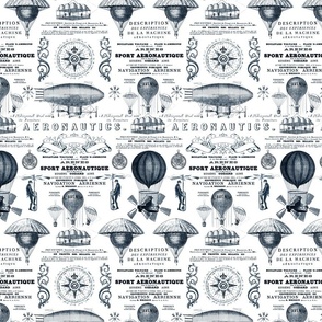 Aeronautique Vintage Expedition Steampunk Pattern With Hot Air Balloons, Typography And Ephemera Navy White Smaller Scale