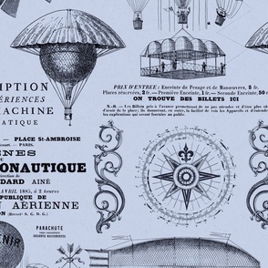 Aeronautique Vintage Expedition Steampunk Pattern With Hot Air Balloons, Typography And Ephemera Blue Large Scale