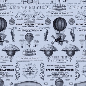 Aeronautique Vintage Expedition Steampunk Pattern With Hot Air Balloons, Typography And Ephemera Blue Medium  Scale
