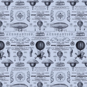 Aeronautique Vintage Expedition Steampunk Pattern With Hot Air Balloons, Typography And Ephemera Blue  Smaller Scale
