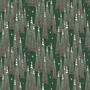 Winter Forest - Christmas Trees and Stars- Dark Evergreen
