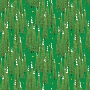 Winter Forest - Christmas Trees and Stars - Retro Kelly Green