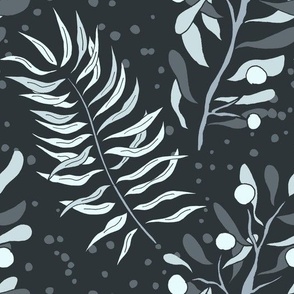 Midnight gray palm leaves and foliage 