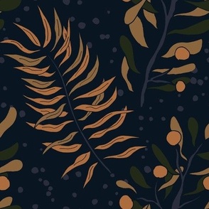 Midnight palm leaves and foliage warm tones