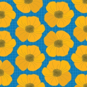 Buttercups on Song Bird Blue Grid -XL scale