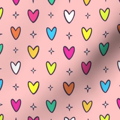 Marker Doodle Rainbow Hearts Pattern on Pink Background - Smaller Scale