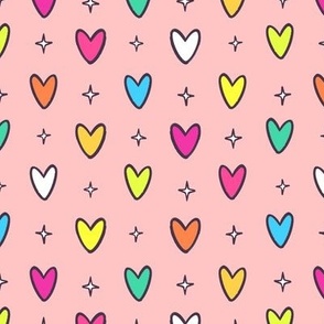Marker Doodle Rainbow Hearts Pattern on Pink Background - Smaller Scale