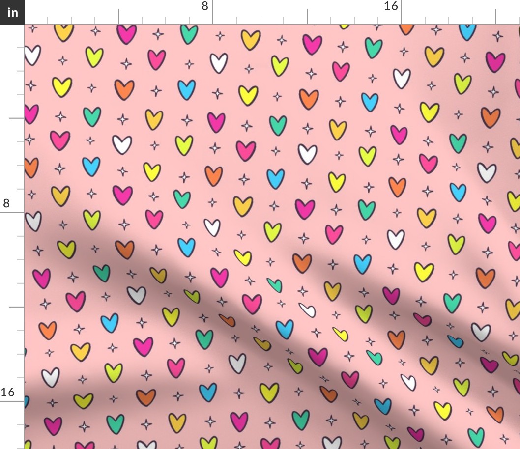 Marker Doodle Rainbow Hearts Pattern on Pink Background - Smaller Scale