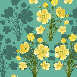 Buttercups in a green field with dark green silhouettes