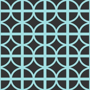 Simple trellis - circles on square trellis geometric - Aqua Blue on black