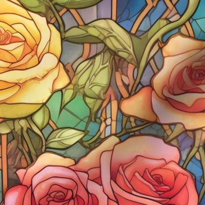 Stained Glass Florals - Watercolor Rose Roses in Pink and Yellow