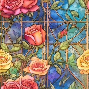 Stained Glass Florals - Watercolor Rose Roses in Pink and Yellow