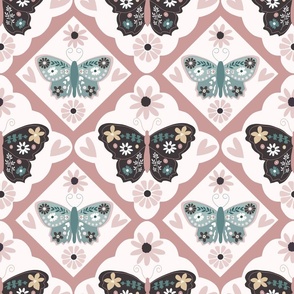 Jumbo Scale // Carnation Pink and Blue Vintage Check Butterflies on White (Vintage Palette) 