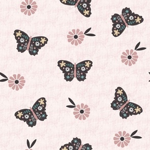 Jumbo Scale // Vintage Butterflies  Floral on Blush Rose Pink