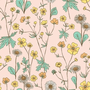 (S) Yellow buttercup / Daisy wild flower-salmon pink