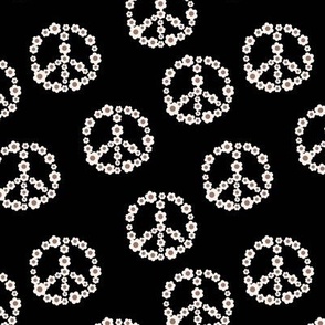 Flower power daisies peace sign - freedom icon floral wreath blossom vintage boho hippie design white ivory  on black MEDIUM