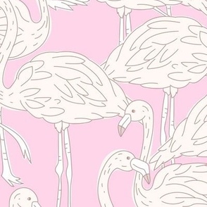 Romantic boho style freehand illustration flamingo wallpaper for girls soft ivory white on pink blush