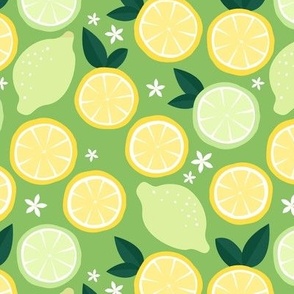 Boho summer citrus garden - lime and lemons with flower blossom yellow lime on apple green
