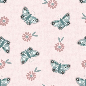Jumbo Scale // Vintage Butterflies  Floral on Light Carnation Pink