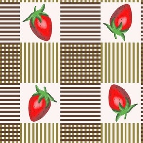 593 - Striped gingham plaid with juicy red strawberries, in watercolor style, for picnic accessories, table linen, summer apparel for children/kids and babies - in red, green and golden brown tones