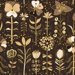 Pattern of Golden Scandinavian Flowers with Brown Background