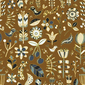 Maximalist Scandinavian Flowers and Birds Camel with Gold