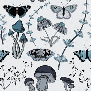 Butterflies Mushrooms Flowers Blue Muted Tones