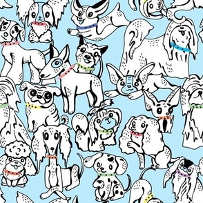 small  Handdrawn cute little dogs on light blue background by art for joy lesja saramakova gajdosikova design