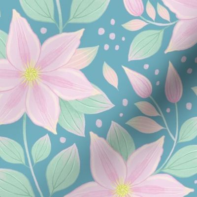 pink clematis on teal