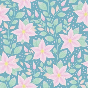 pink clematis on teal