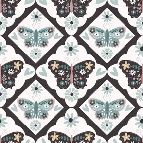Large Scale // Blue and Violet Vintage Check Butterflies on White (Vintage Palette) 