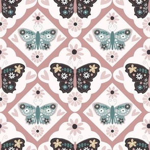 Large Scale // Carnation Pink and Blue Vintage Check Butterflies on White (Vintage Palette) 
