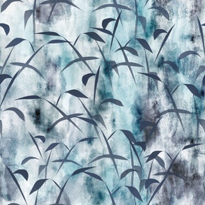 medium  abstract indigo blue  and Prussian blue watercolor hand painted background, non directional textured wild grasses  and foliage, washed out effect by art for joy lesja saramakova gajdosikova design