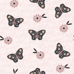 Large Scale // Vintage Butterflies  Floral on Blush Rose Pink