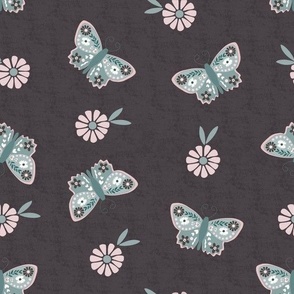 Large Scale // Vintage Butterflies  Floral on Midnight Violet